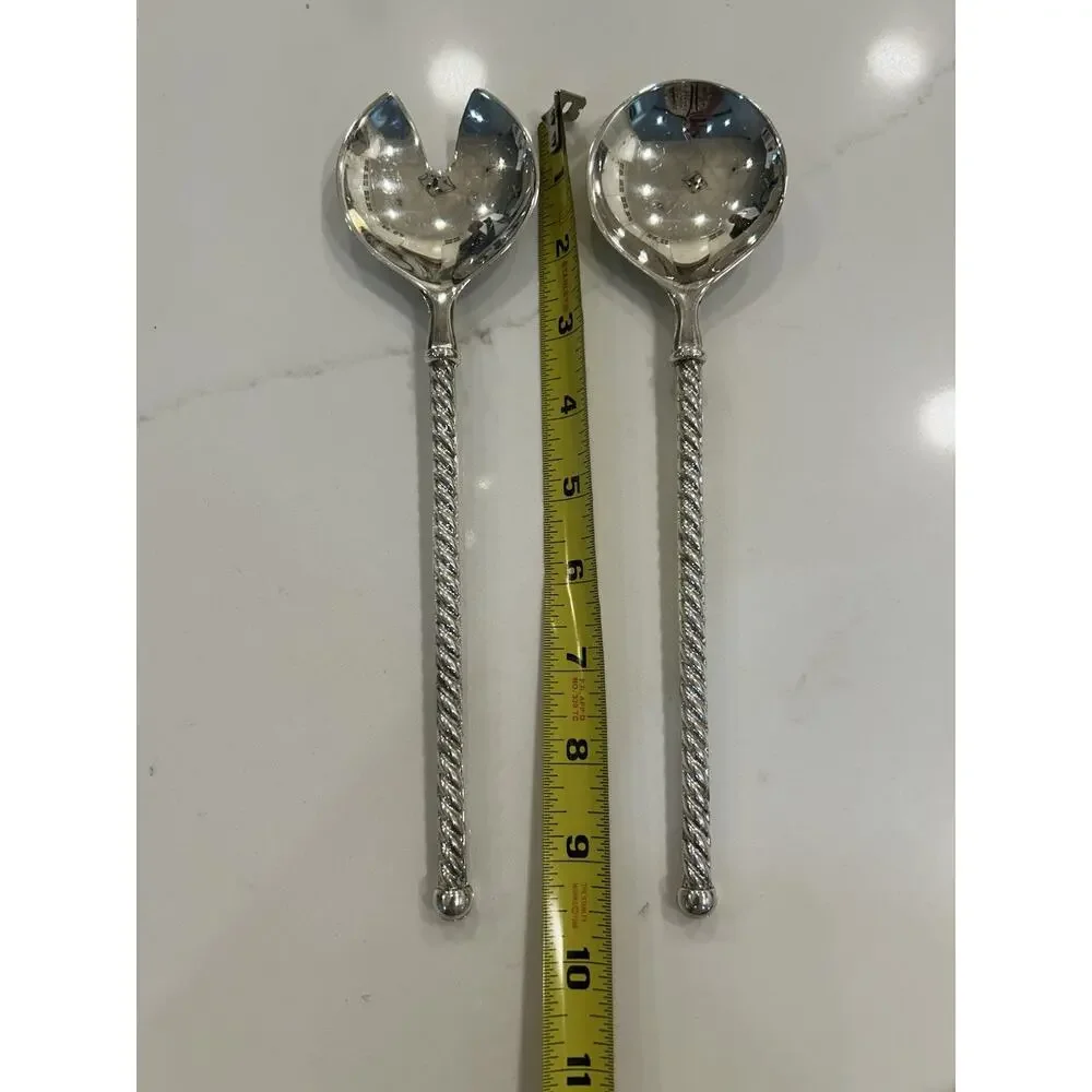 Vtg EP ZINC Italy Serving Salad Spoon and Fork Set Twisted Silverplated 9.5